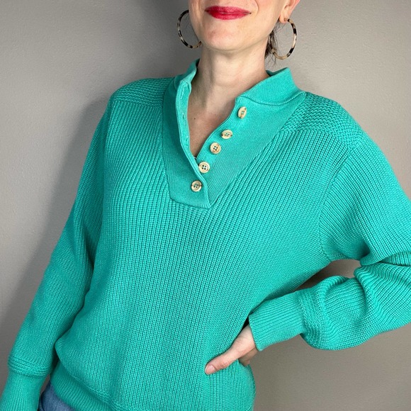 Vintage 90s button henley pullover sweater chunky knit grandpa cotton teal green - Picture 17 of 17